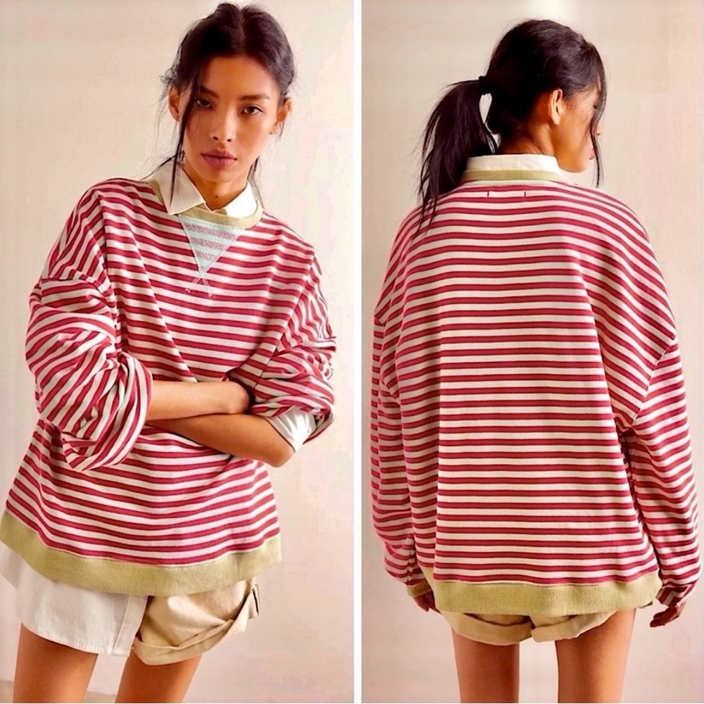 Free People Red and White Striped Sweatshirt